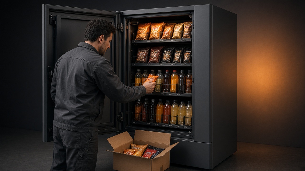 Mitarbeiter befüllt Snack- und Getränkeautomat