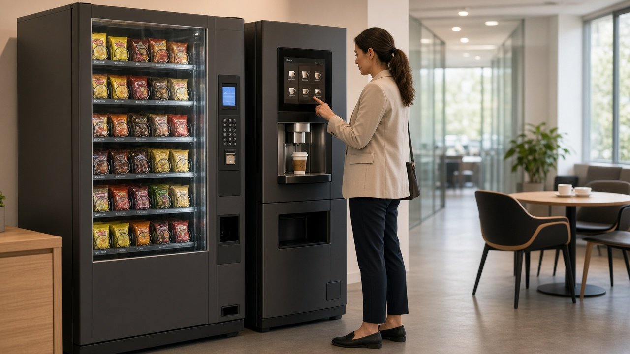 Mitarbeiterin am Snack- und Kaffeeautomaten
