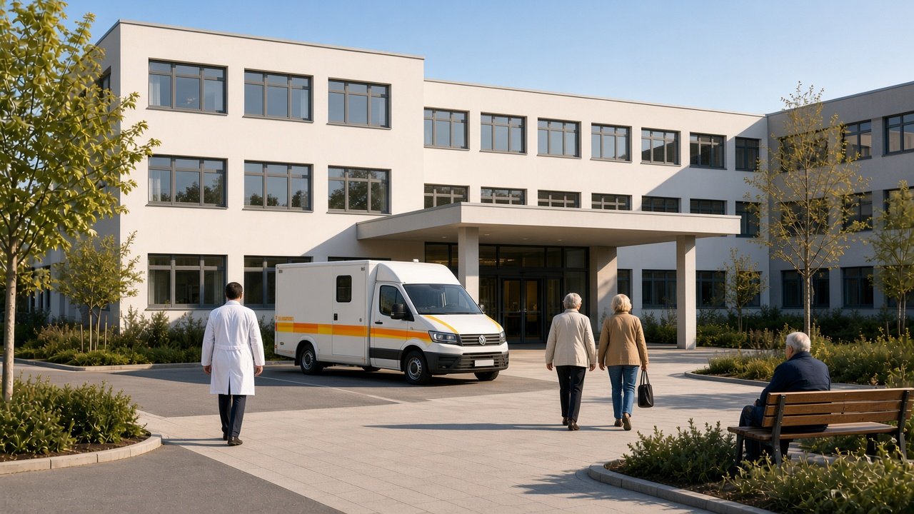 Klinikgebäude mit Krankenwagen
